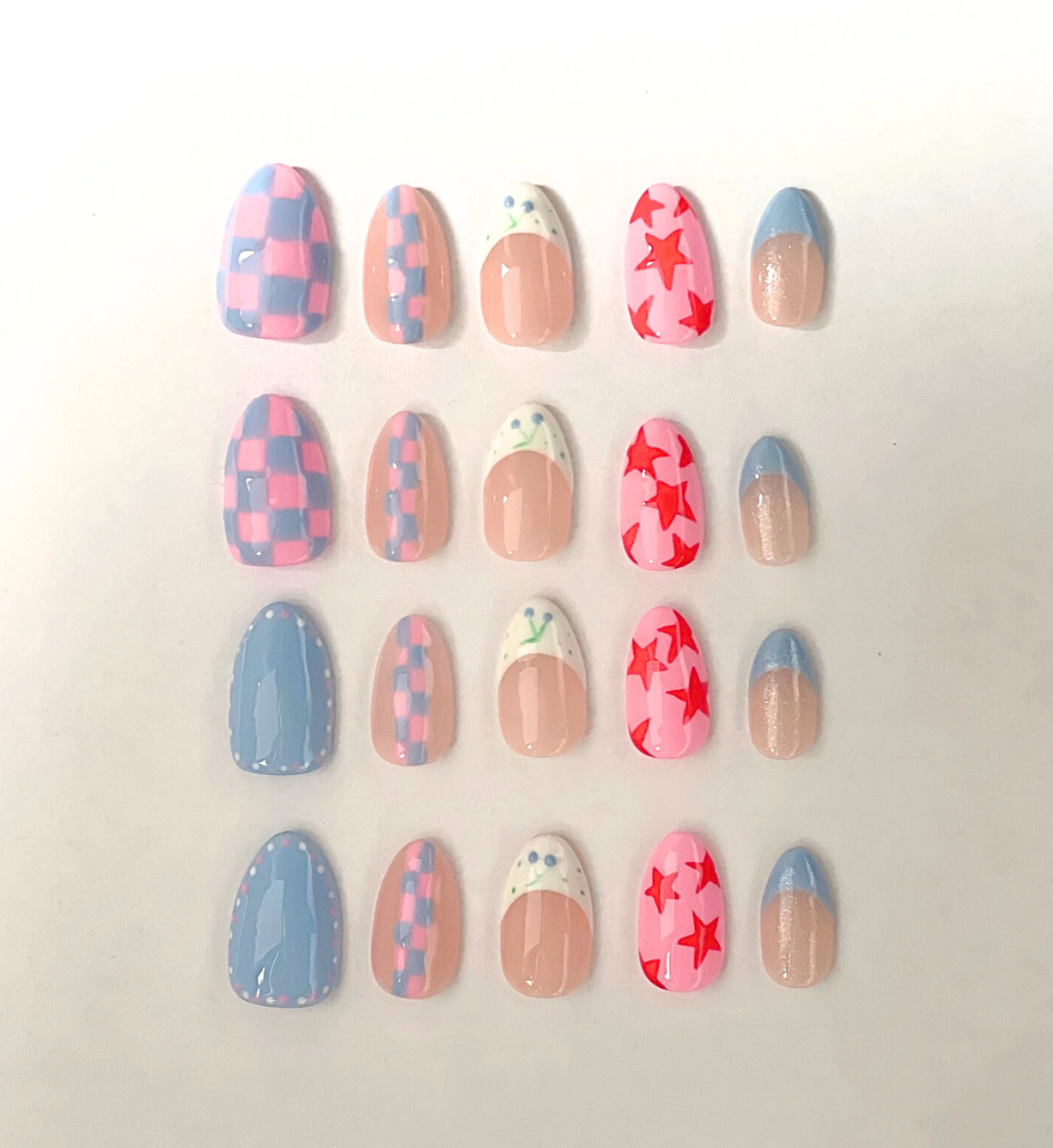 Blueberry Starship: 24pc Short Almond Hand-Painted Press-On Nails