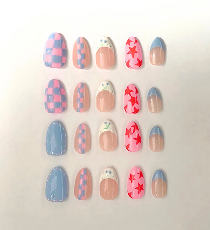 Blueberry Starship: 24pc Short Almond Hand-Painted Press-On Nails