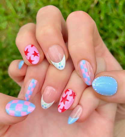 Blueberry Starship: 24pc Short Almond Hand-Painted Press-On Nails