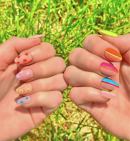 Stripes or Flowers? Let's Get Both: 24pc Hand-Painted Luxury Press-On Nails