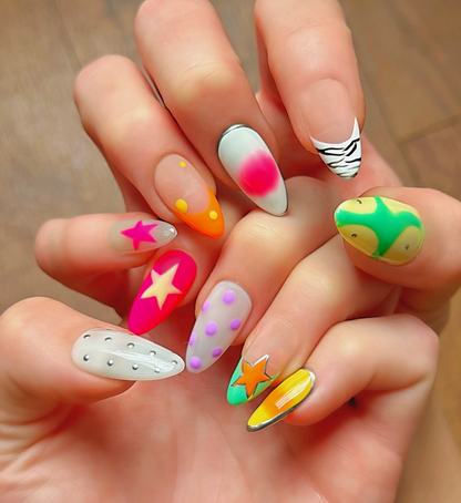 Cosmic Carnival: 24 pc Long Almond Hand-Painted Luxury Press-On-Nails