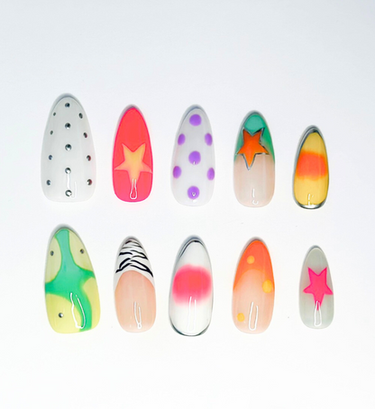 Cosmic Carnival: 24 pc Long Almond Hand-Painted Luxury Press-On-Nails
