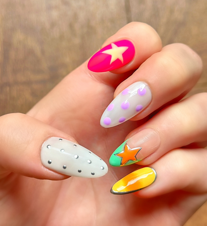 Cosmic Carnival: 24 pc Long Almond Hand-Painted Luxury Press-On-Nails