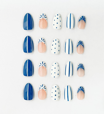 Blue Me Away : 24pc Short Almond Hand-Painted Press-OnNails