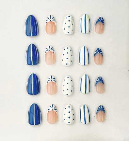 Blue Me Away : 24pc Short Almond Hand-Painted Press-OnNails