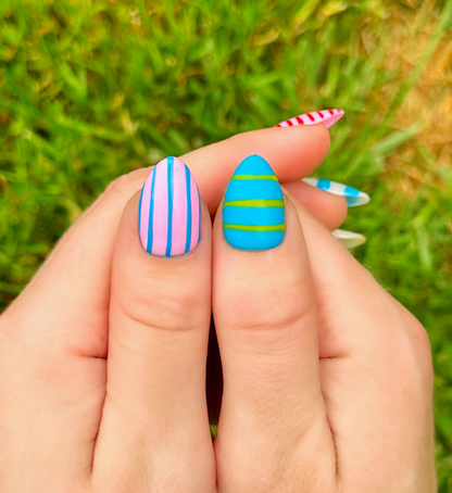 Candy Stripes: 24pc Short Almond Hand-Painted Press-On Nails