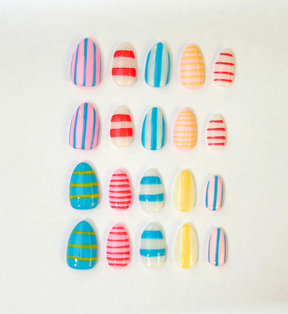 Candy Stripes: 24pc Short Almond Hand-Painted Press-On Nails