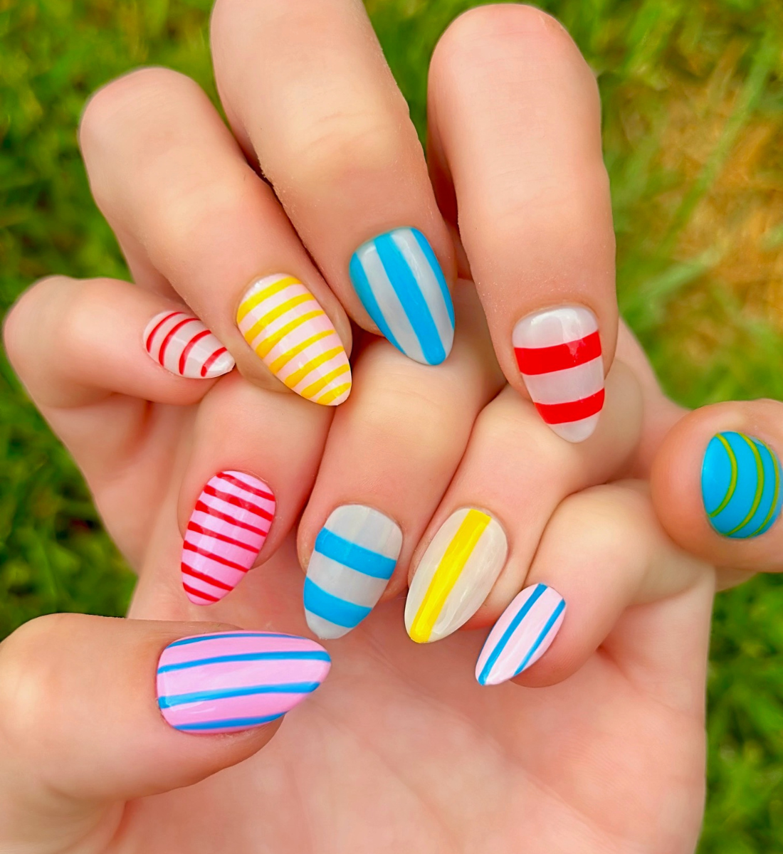 Candy Stripes: 24pc Short Almond Hand-Painted Press-On Nails