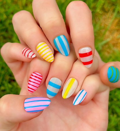 Candy Stripes: 24pc Short Almond Hand-Painted Press-On Nails