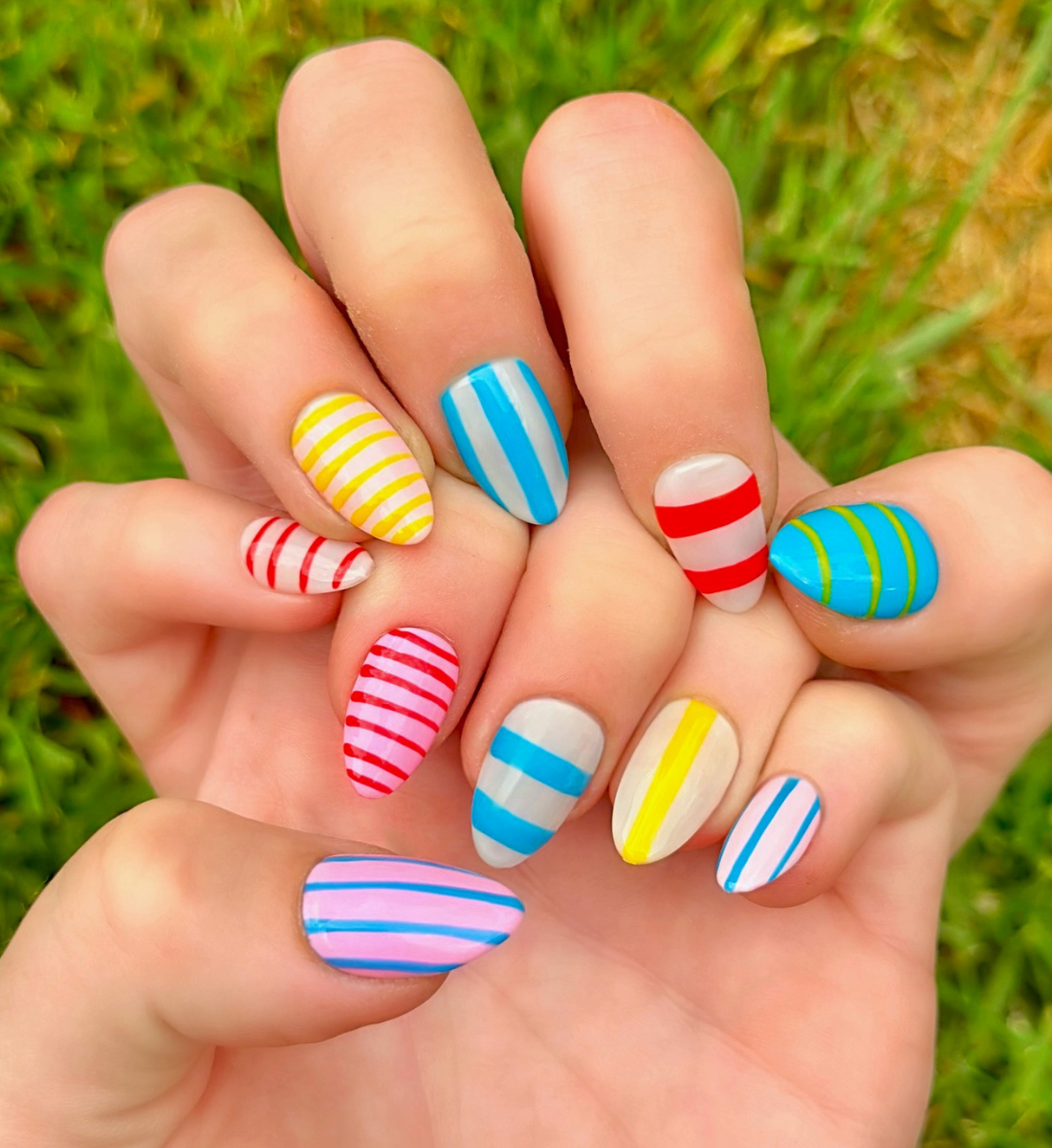 Candy Stripes: 24pc Short Almond Hand-Painted Press-On Nails