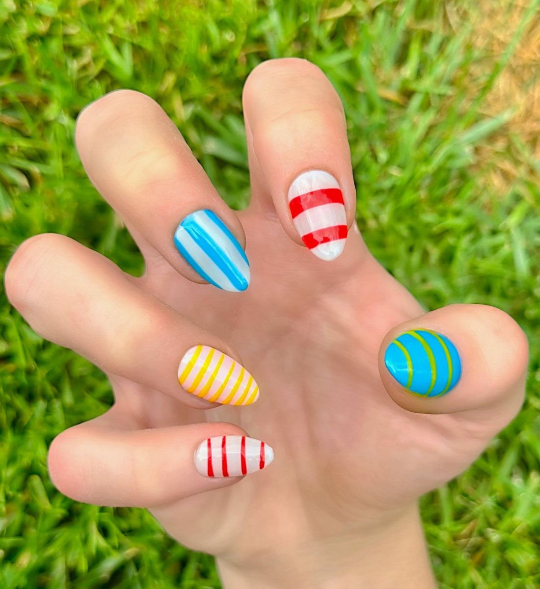 Candy Stripes: 24pc Short Almond Hand-Painted Press-On Nails