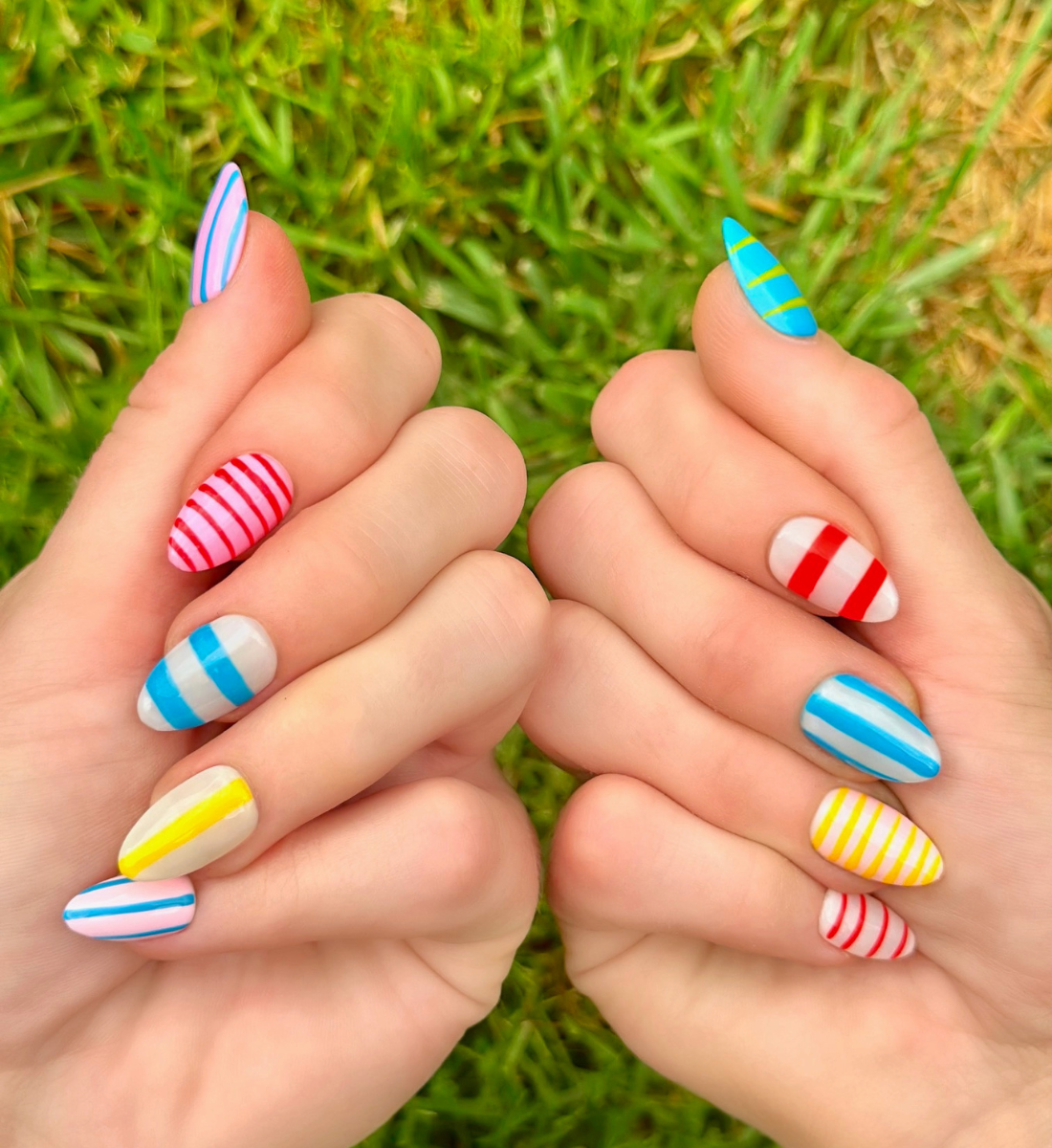Candy Stripes: 24pc Short Almond Hand-Painted Press-On Nails