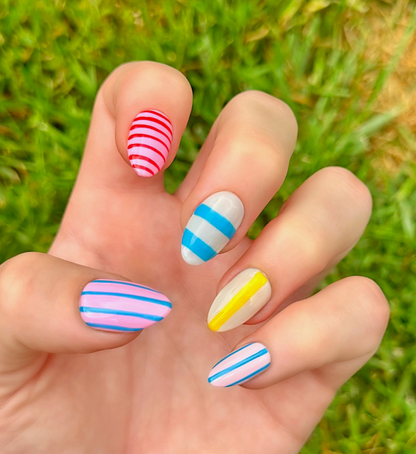 Candy Stripes: 24pc Short Almond Hand-Painted Press-On Nails