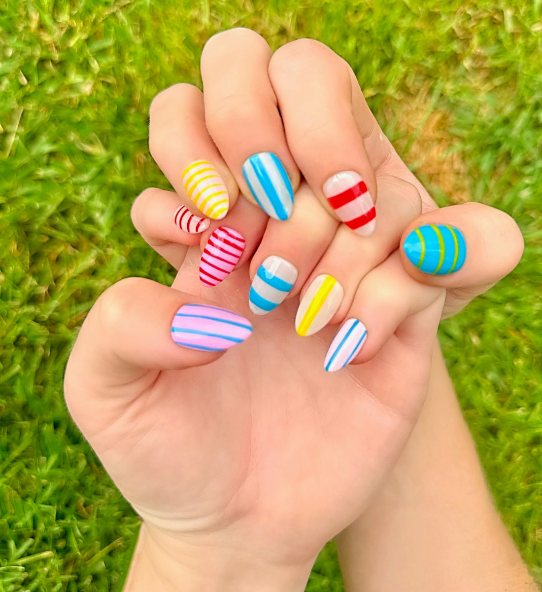 Candy Stripes: 24pc Short Almond Hand-Painted Press-On Nails