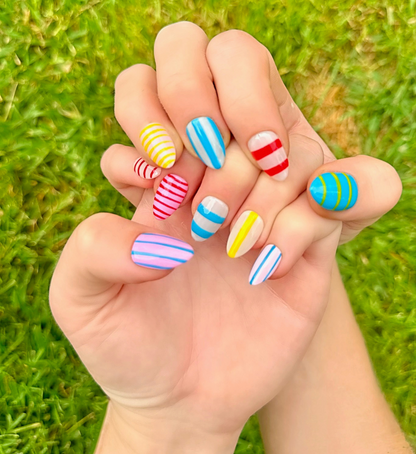 Candy Stripes: 24pc Short Almond Hand-Painted Press-On Nails