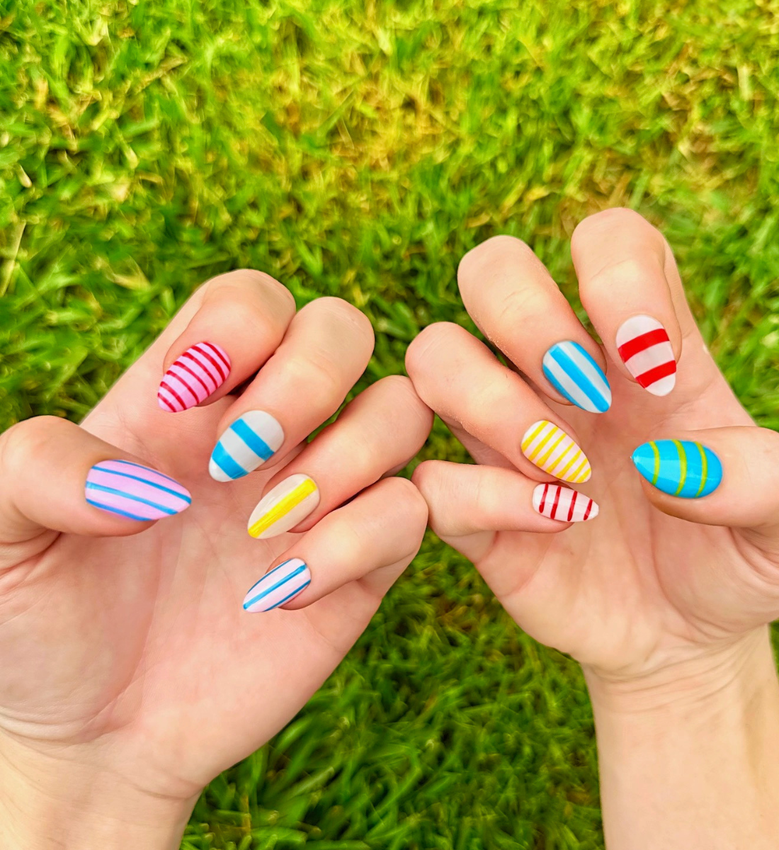 Candy Stripes: 24pc Short Almond Hand-Painted Press-On Nails