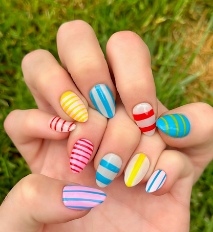 Candy Stripes: 24pc Short Almond Hand-Painted Press-On Nails