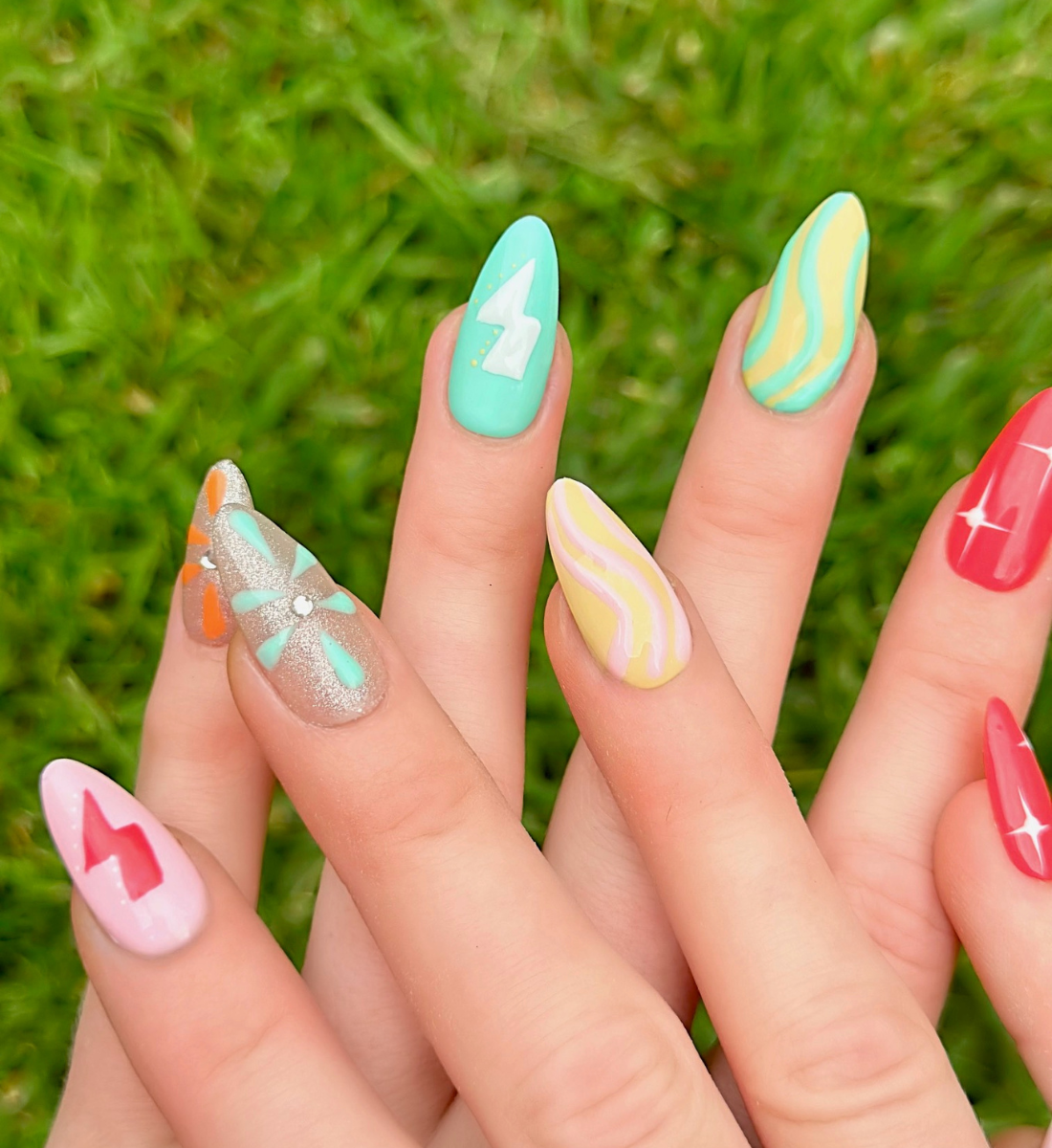 Electric Summer: 24pc Long Almond Hand-Painted Press-On Nails