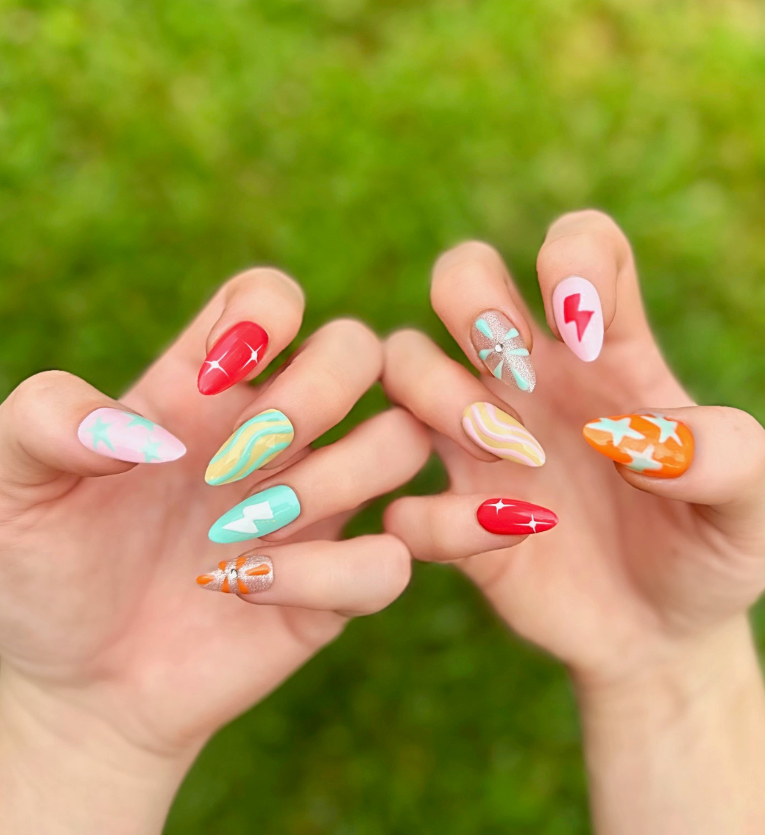 Electric Summer: 24pc Long Almond Hand-Painted Press-On Nails