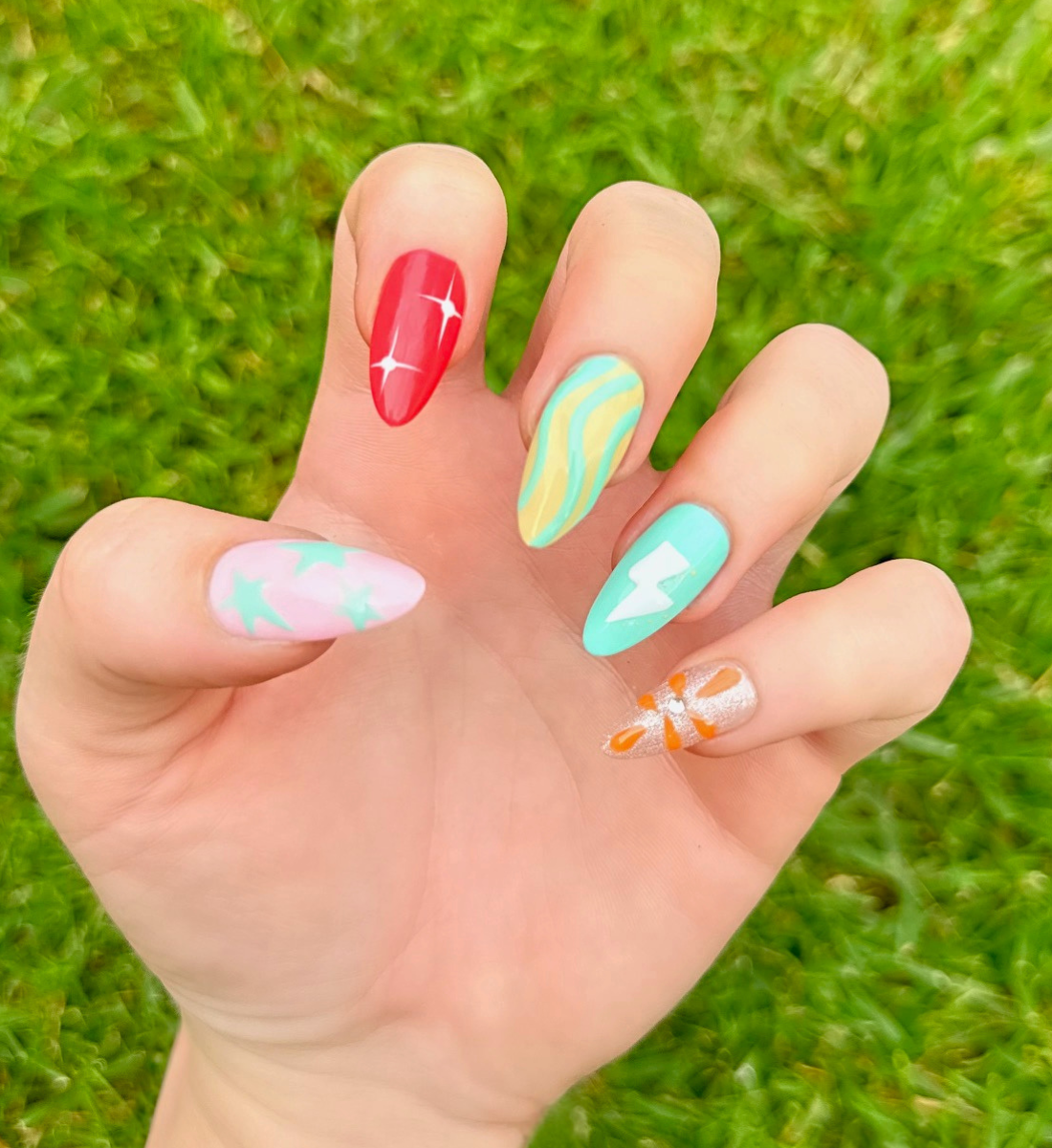 Electric Summer: 24pc Long Almond Hand-Painted Press-On Nails