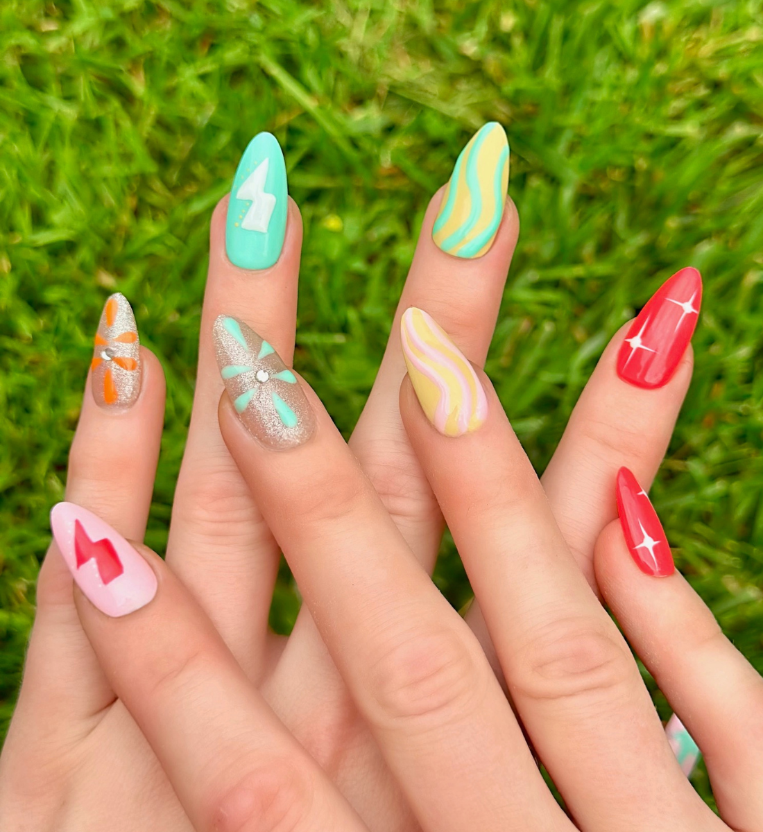 Electric Summer: 24pc Long Almond Hand-Painted Press-On Nails