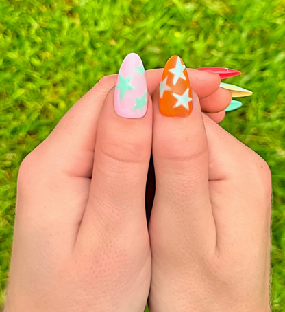 Electric Summer: 24pc Long Almond Hand-Painted Press-On Nails