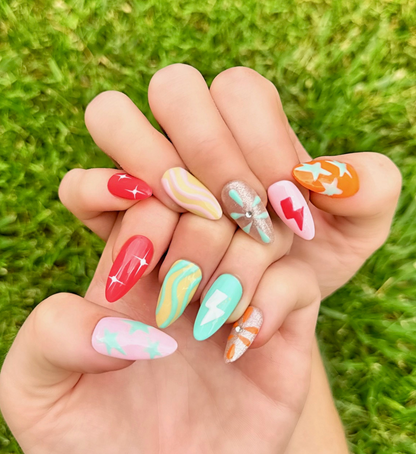 Electric Summer: 24pc Long Almond Hand-Painted Press-On Nails