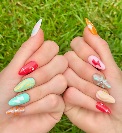 Electric Summer: 24pc Long Almond Hand-Painted Press-On Nails