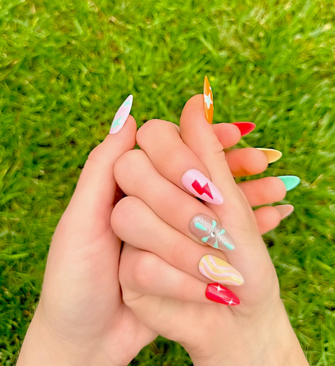 Electric Summer: 24pc Long Almond Hand-Painted Press-On Nails