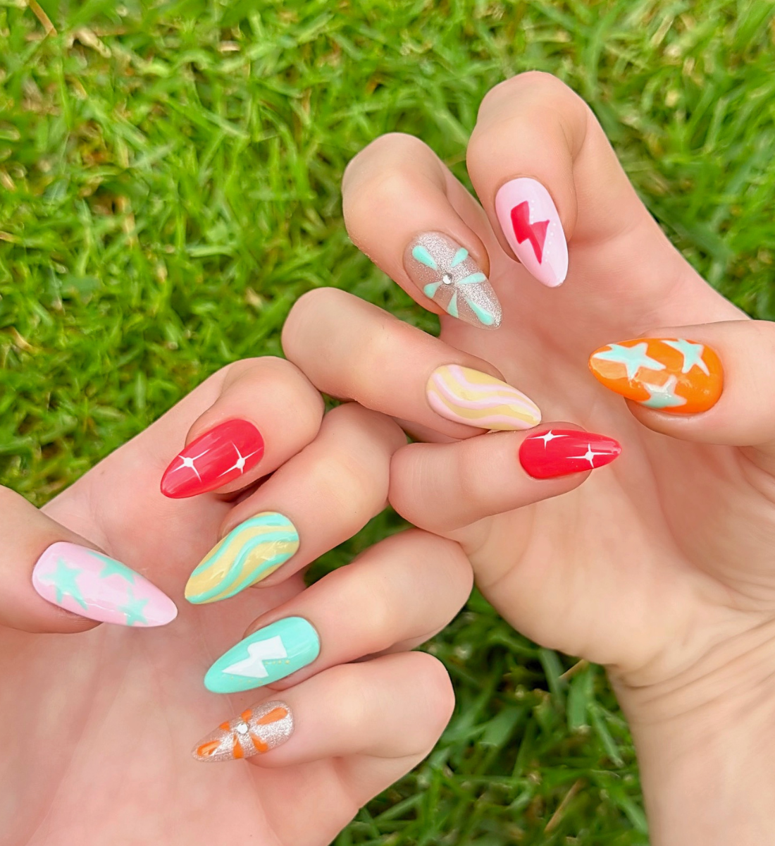 Electric Summer: 24pc Long Almond Hand-Painted Press-On Nails