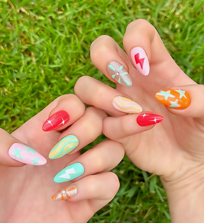 Electric Summer: 24pc Long Almond Hand-Painted Press-On Nails