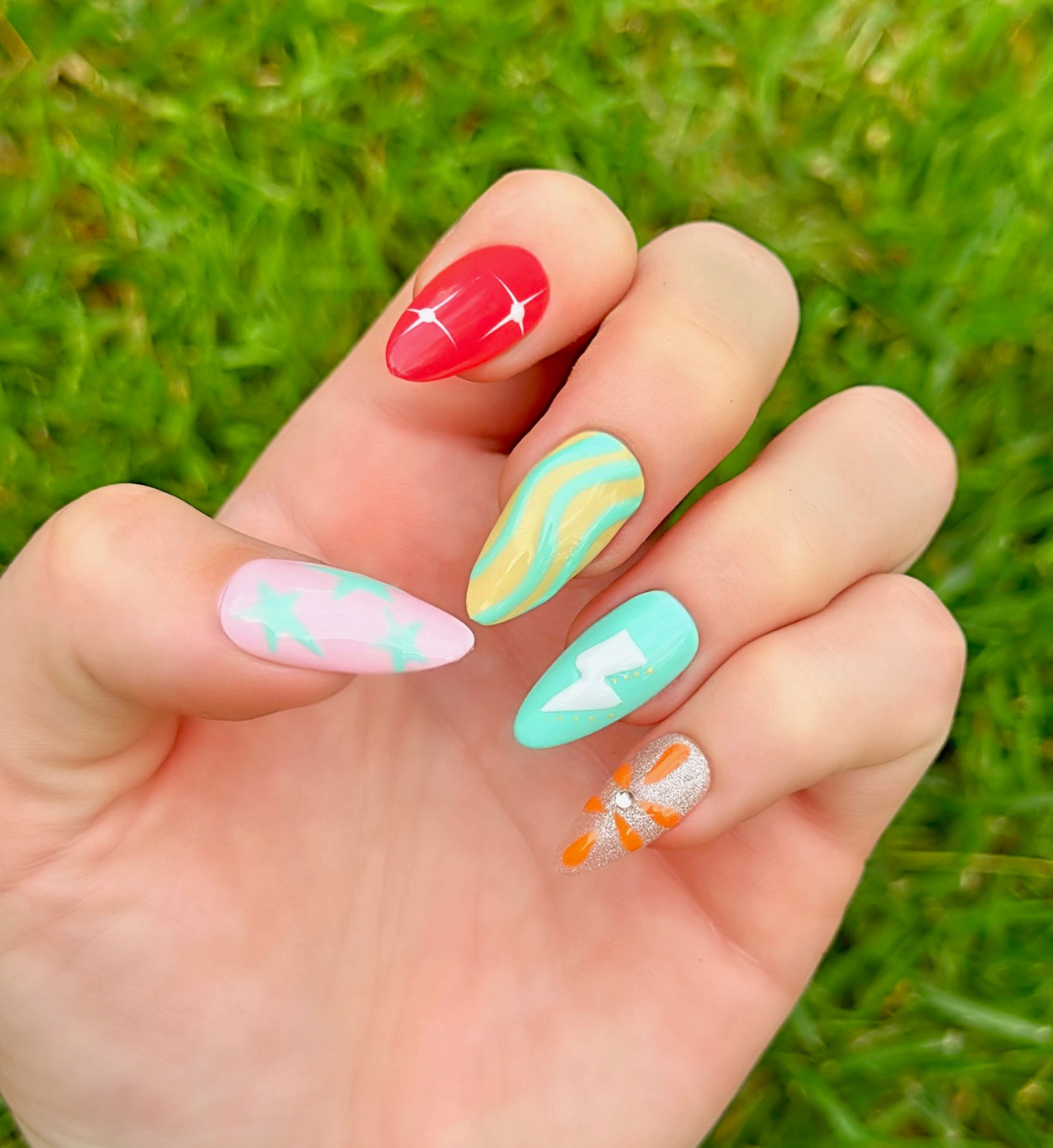 Electric Summer: 24pc Long Almond Hand-Painted Press-On Nails