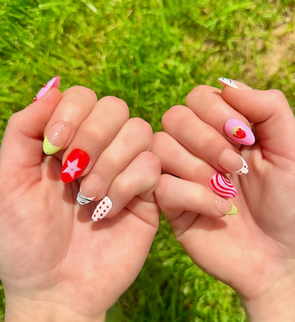 Strawberry Picnic: 24pc Short Almond Hand-Painted Press-On Nails