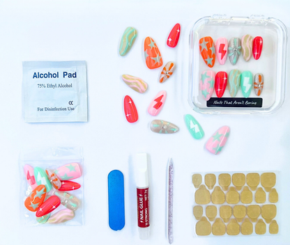 Electric Summer: 24pc Long Almond Hand-Painted Press-On Nails