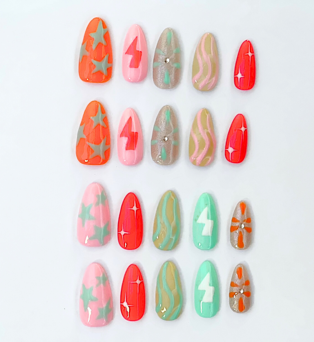 Electric Summer: 24pc Long Almond Hand-Painted Press-On Nails