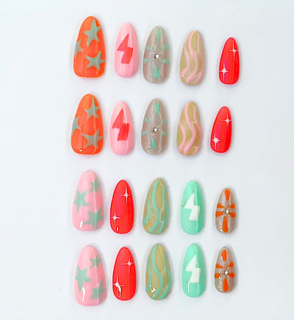 Electric Summer: 24pc Long Almond Hand-Painted Press-On Nails