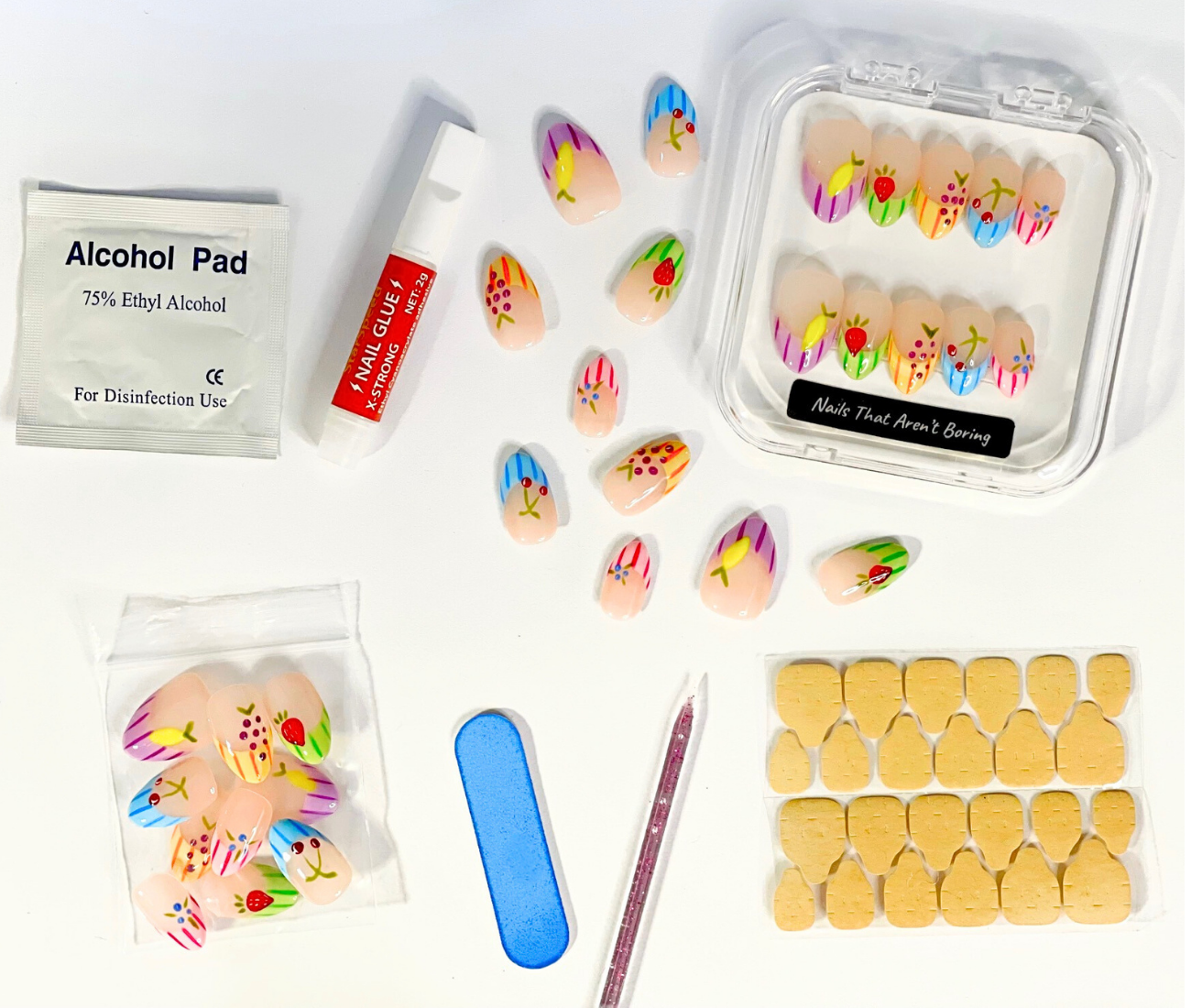 Fruit Salad: 24pc Short Almond Hand-Painted Press-On Nails