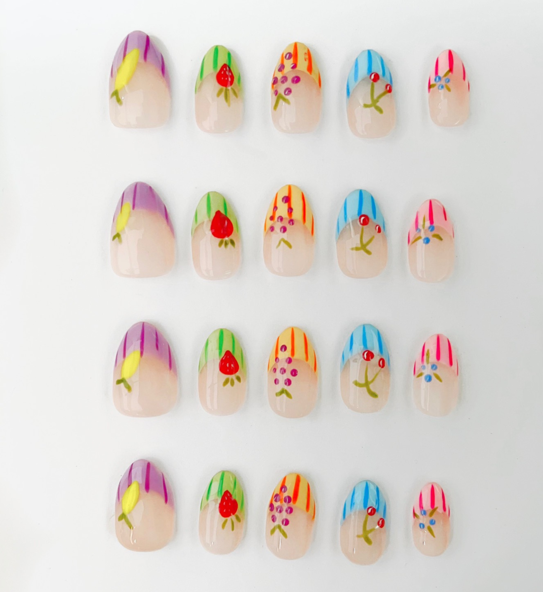 Fruit Salad: 24pc Short Almond Hand-Painted Press-On Nails