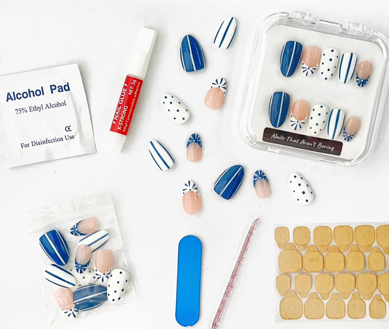 Blue Me Away : 24pc Short Almond Hand-Painted Press-OnNails