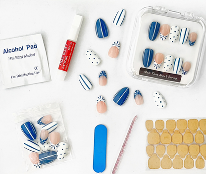 Blue Me Away : 24pc Short Almond Hand-Painted Press-OnNails