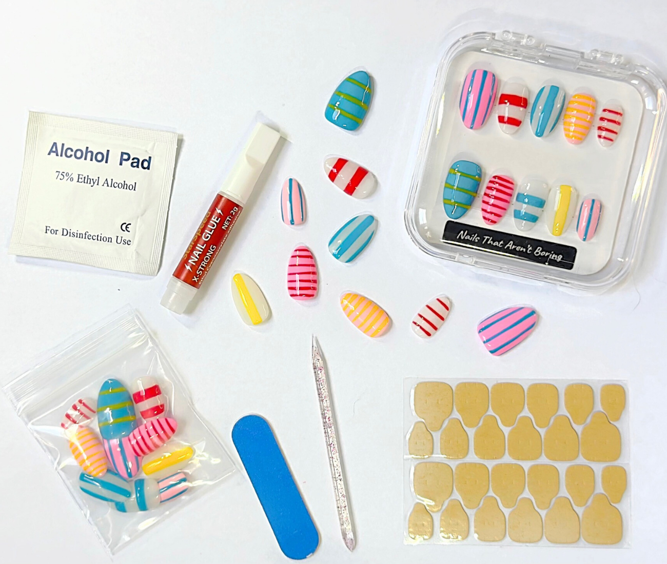 Candy Stripes: 24pc Short Almond Hand-Painted Press-On Nails