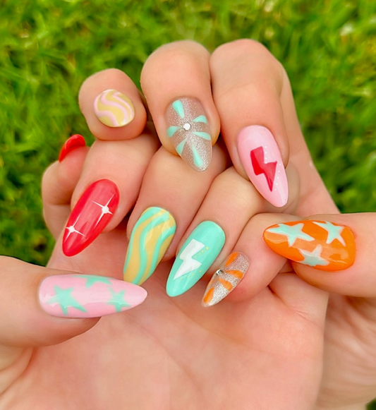 Electric Summer: 24pc Long Almond Hand-Painted Press-On Nails