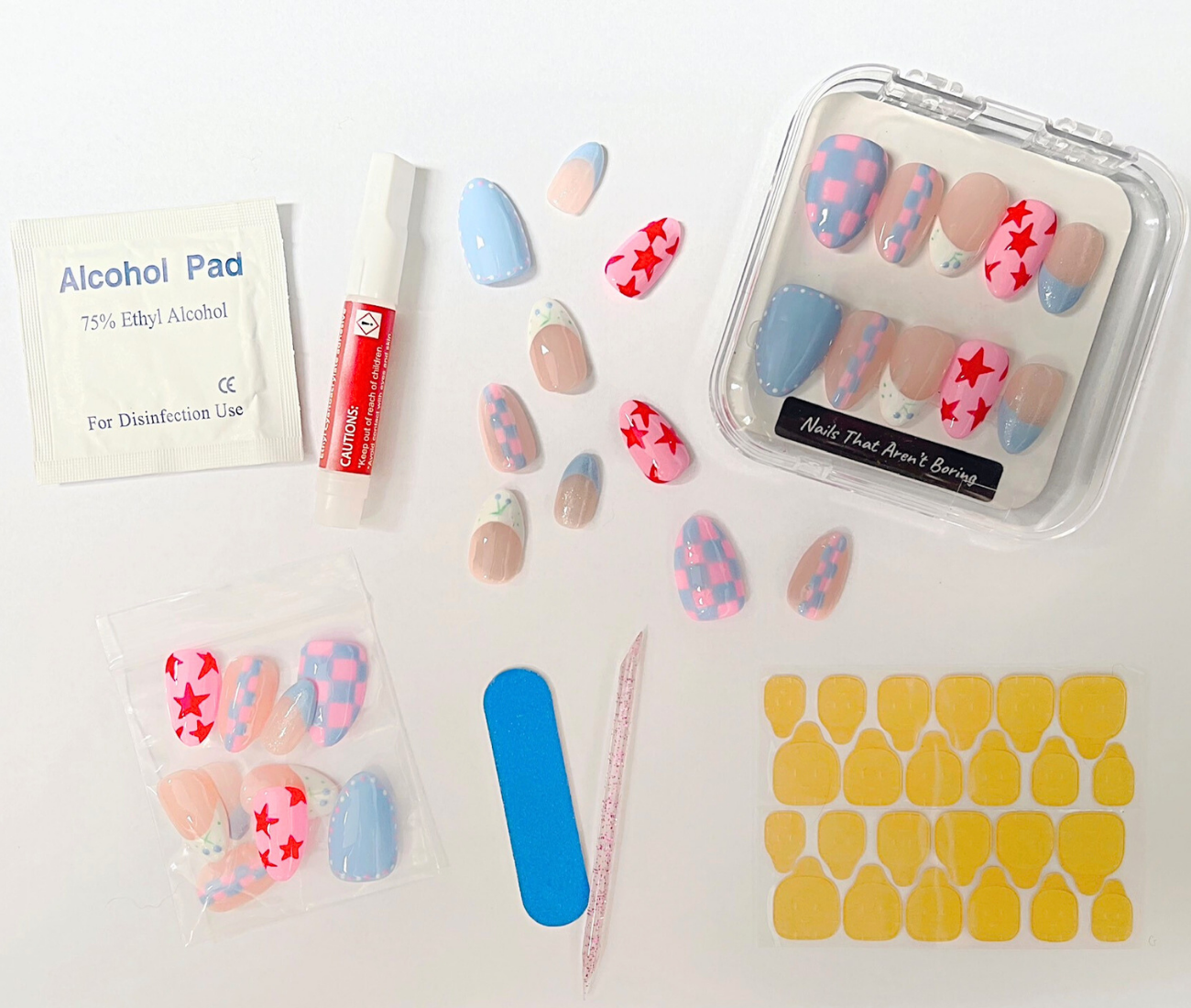 Blueberry Starship: 24pc Short Almond Hand-Painted Press-On Nails
